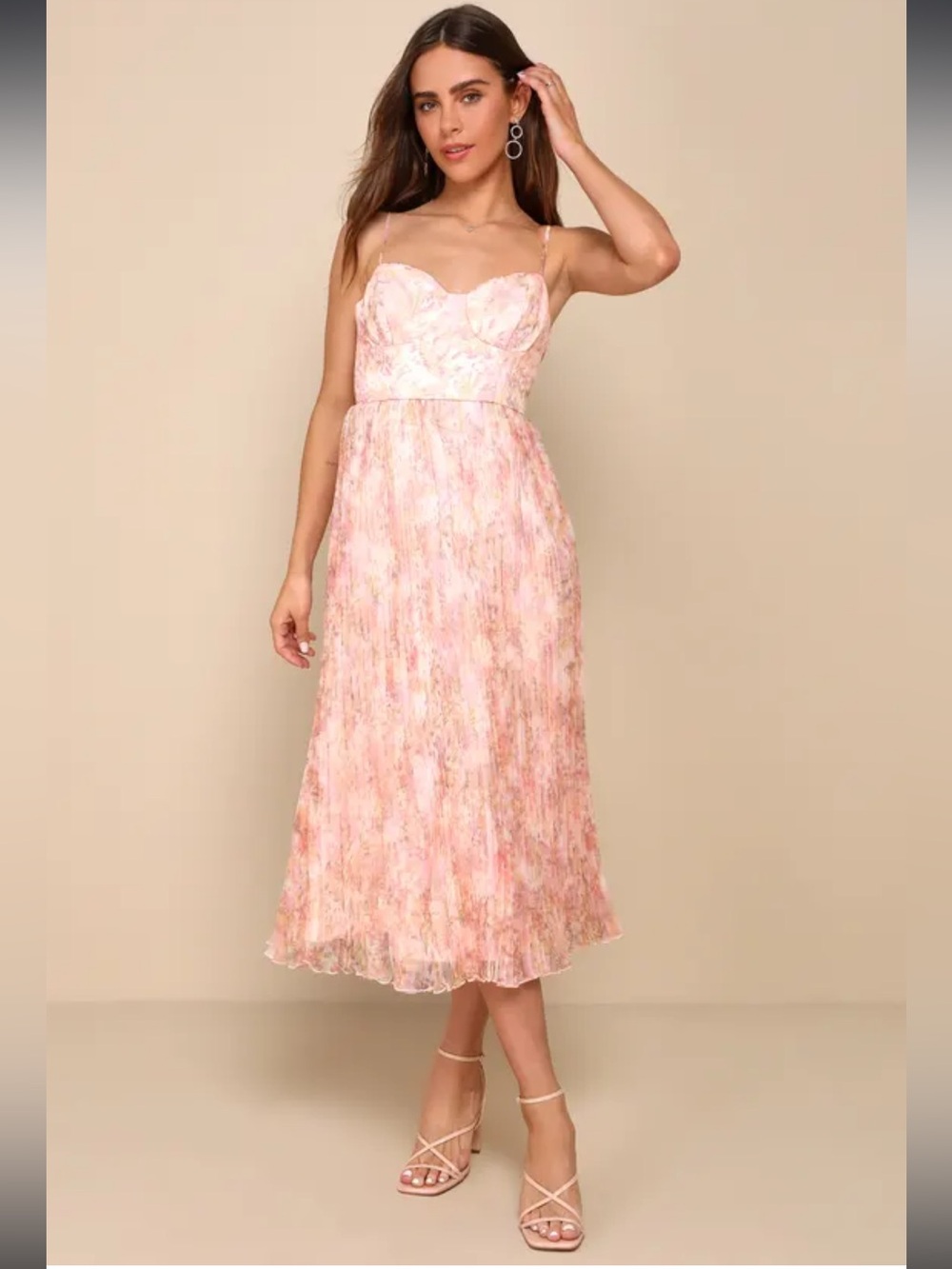 NWT lulus Finest Endeavor Blush Pink Floral Pleated Bustier Midi Dress Size S